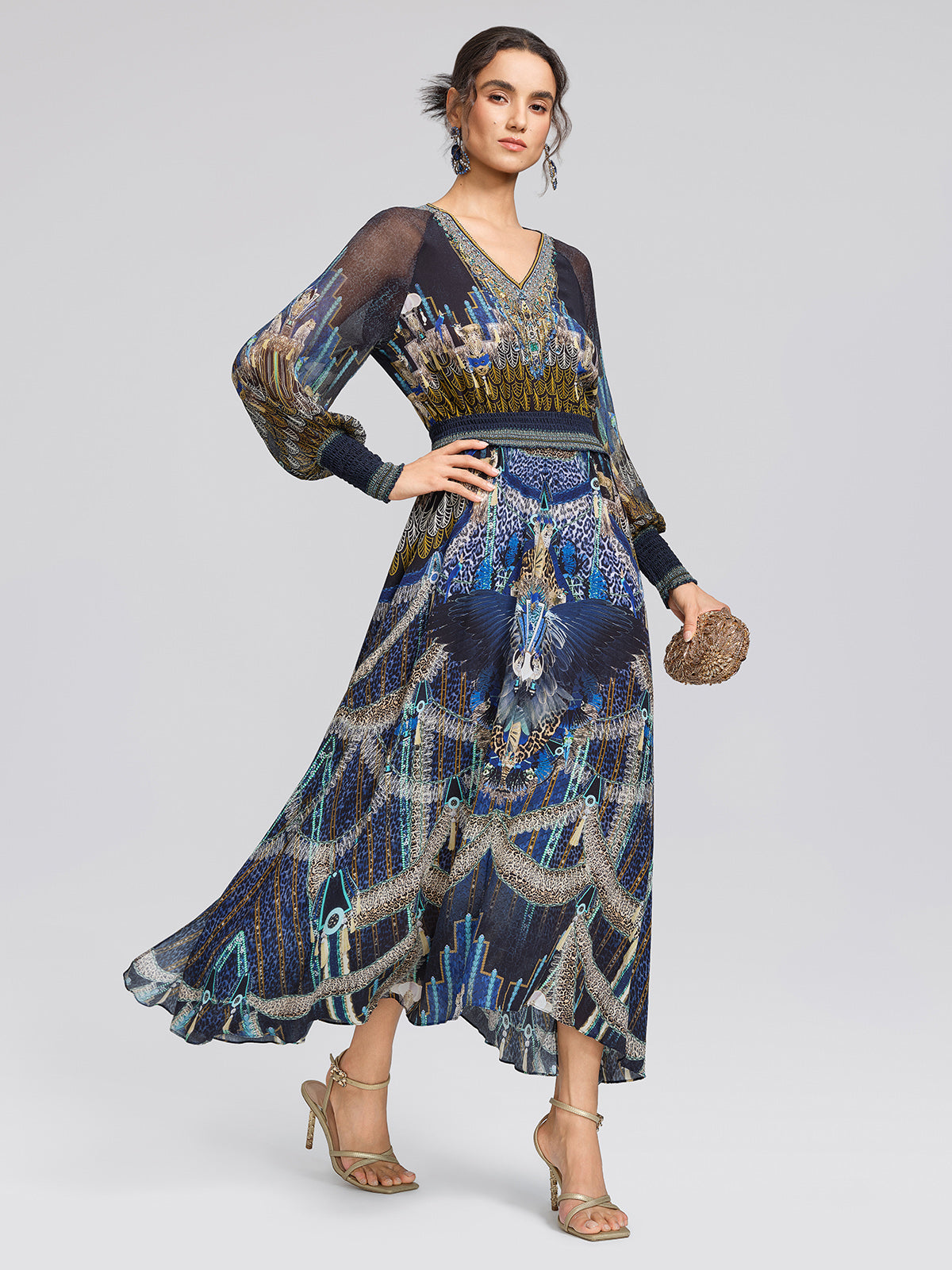 100% Silk Peacock Leopard Print Beaded Dress