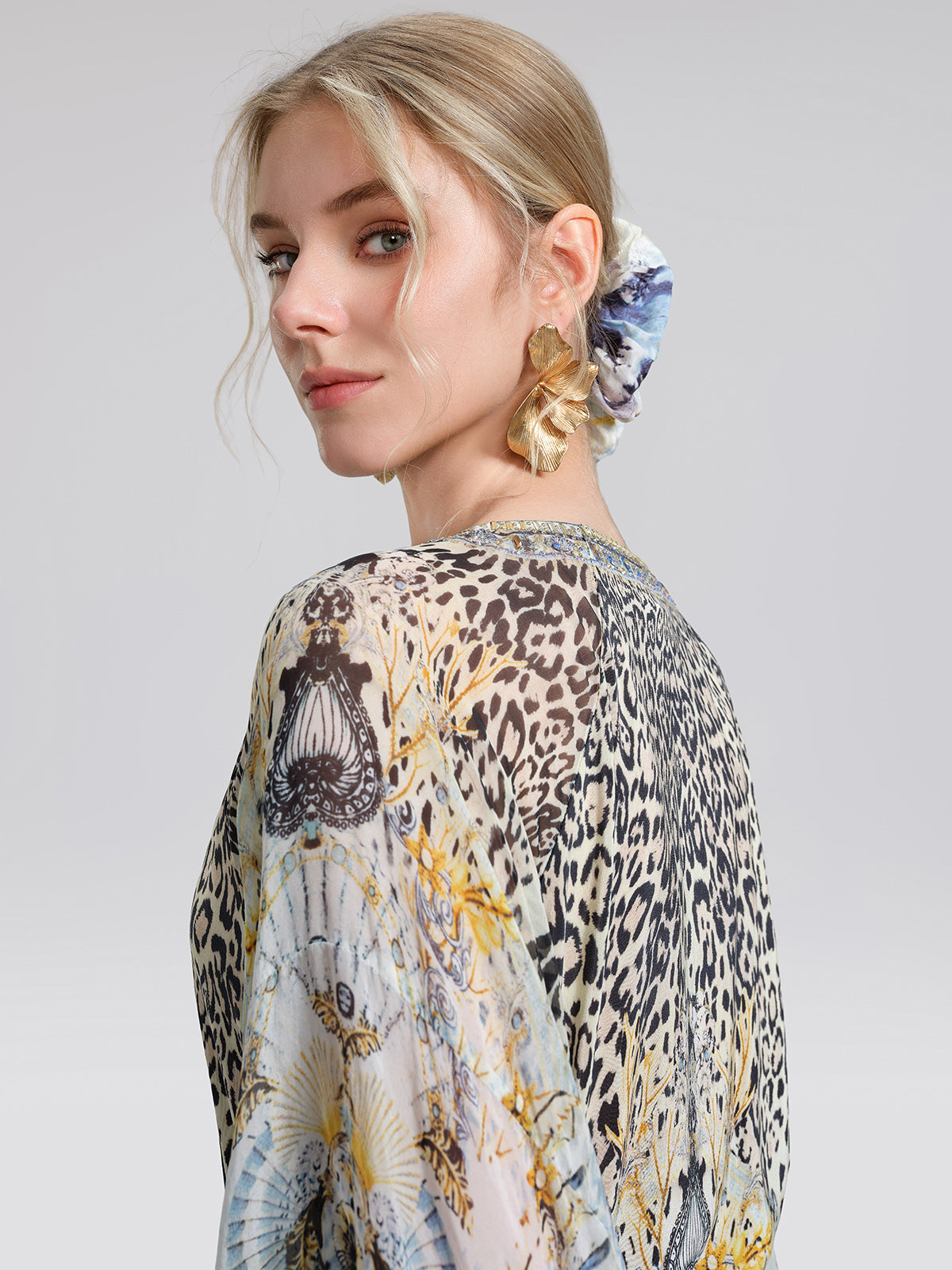 100% Silk Vintage Print Batwing Sleeve Dress(Waist Tie, Scrunchie & Headscarf Included)