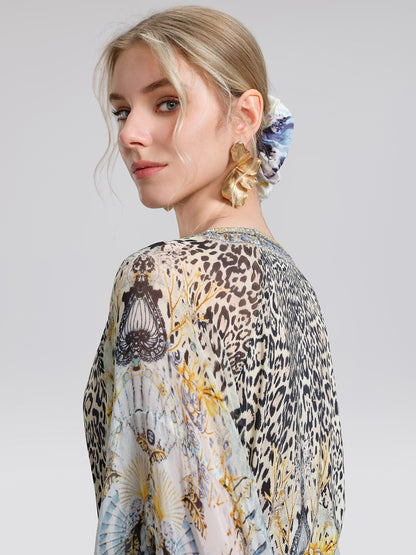 100% Silk Vintage Print Batwing Sleeve Dress(Waist Tie, Scrunchie & Headscarf Included)
