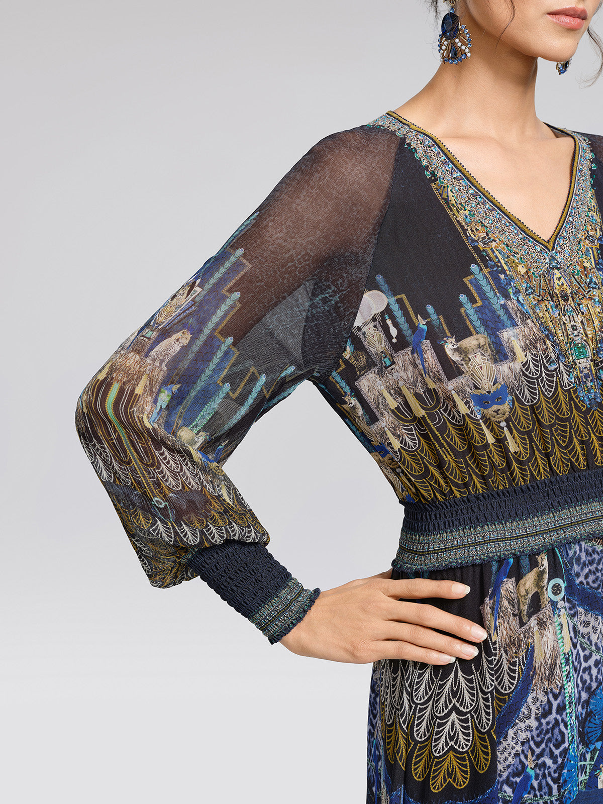 100% Silk Peacock Leopard Print Beaded Dress