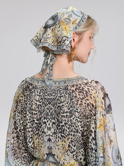 100% Silk Vintage Print Batwing Sleeve Dress(Waist Tie, Scrunchie & Headscarf Included)