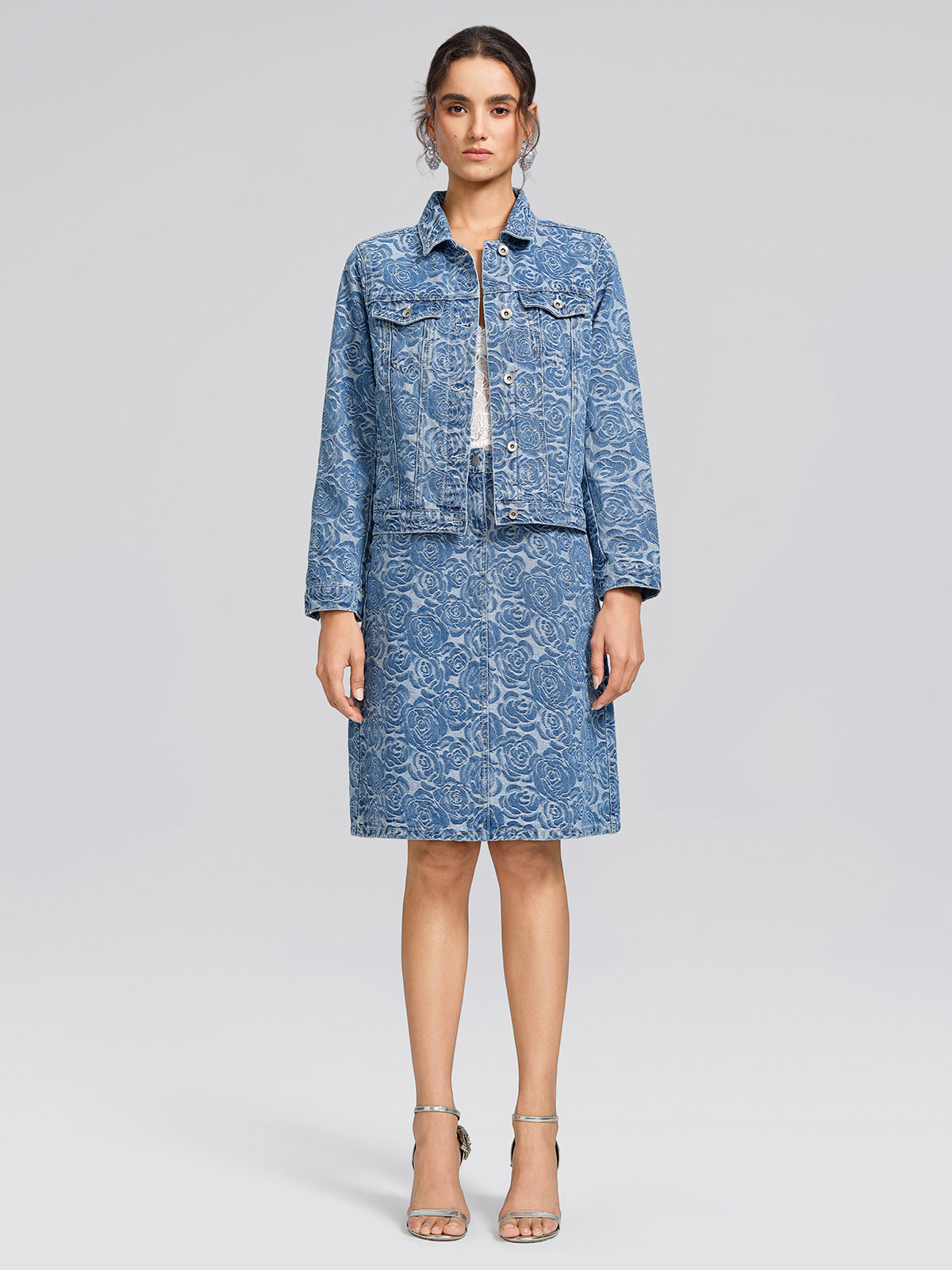 100% Cotton Denim Rose Print Jacket