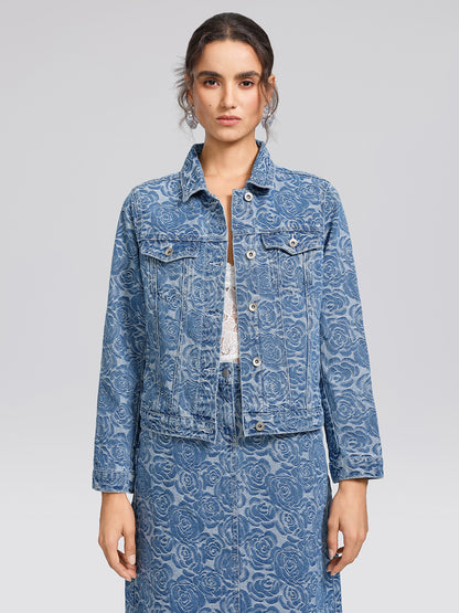 100% Cotton Denim Rose Print Jacket