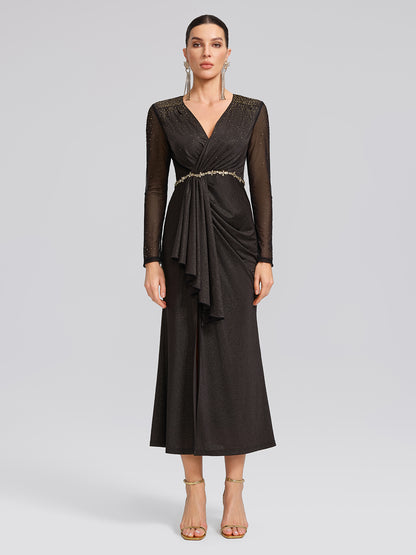 Hand-Set Gradient Rhinestone Pleated V-Neck Dress