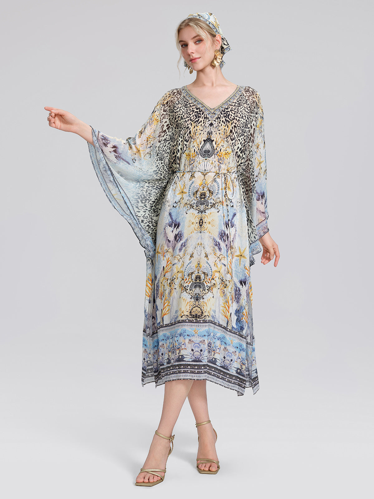 100% Silk Vintage Print Batwing Sleeve Dress(Waist Tie, Scrunchie & Headscarf Included)