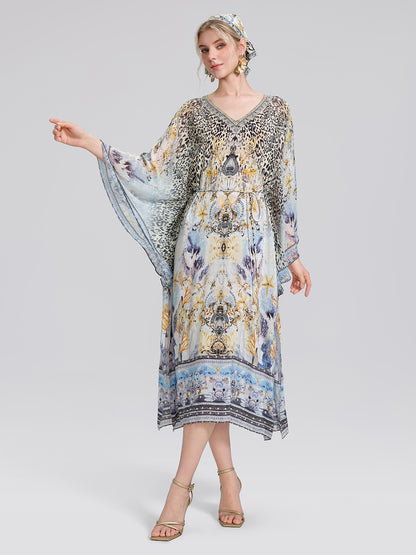 100% Silk Vintage Print Batwing Sleeve Dress(Waist Tie, Scrunchie & Headscarf Included)