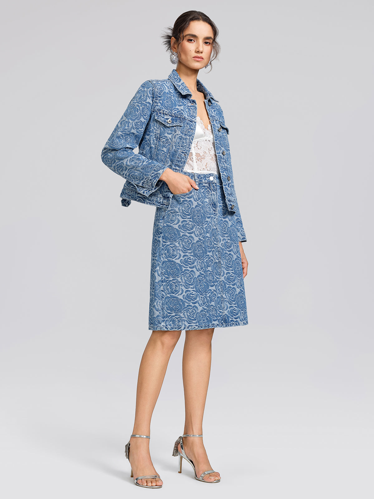 100% Cotton Denim Rose Print Skirt