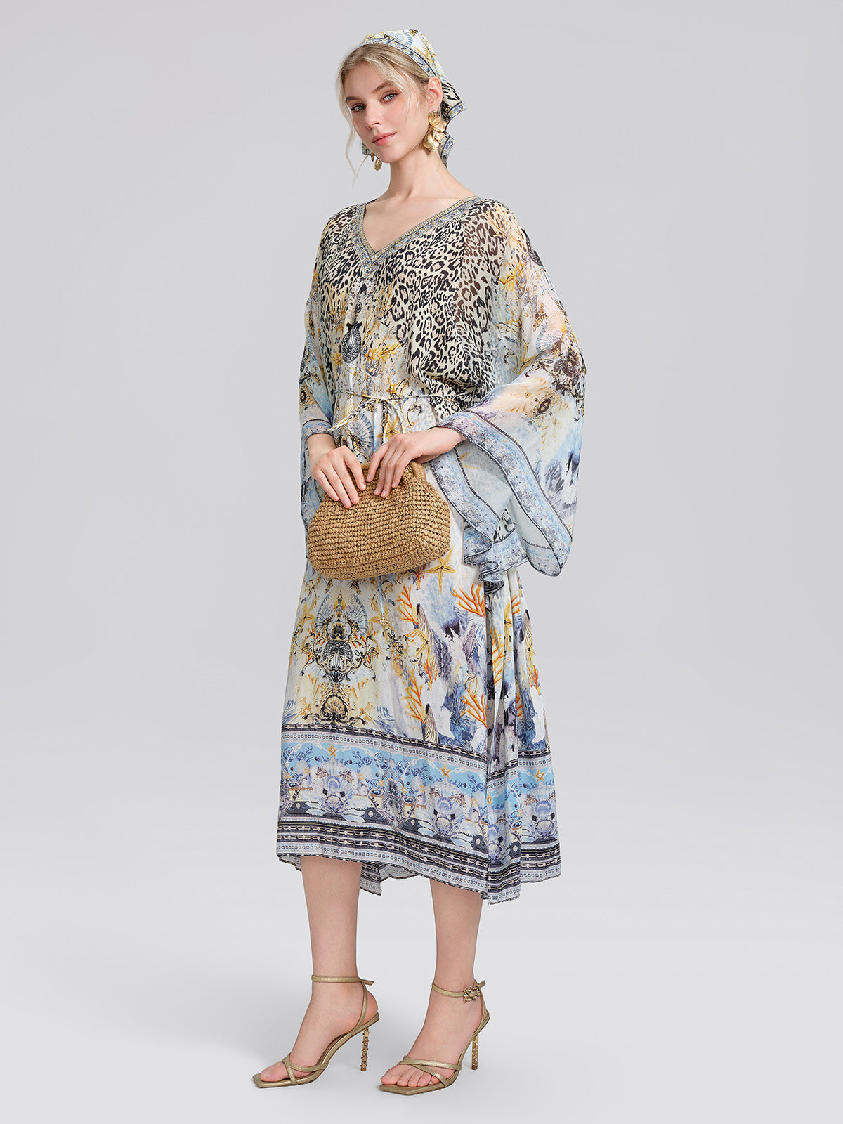 100% Silk Vintage Print Batwing Sleeve Dress(Waist Tie, Scrunchie & Headscarf Included)