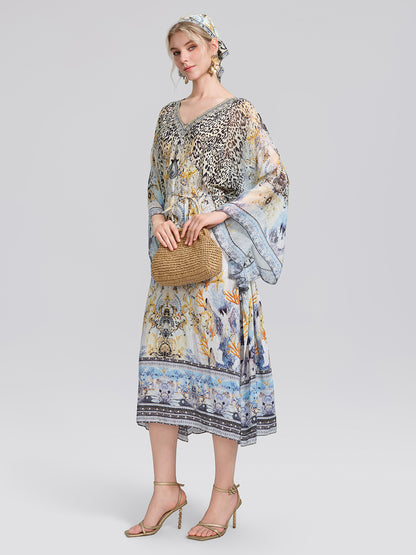 100% Silk Vintage Print Batwing Sleeve Dress(Waist Tie, Scrunchie & Headscarf Included)