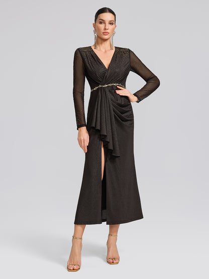 Hand-Set Gradient Rhinestone Pleated V-Neck Dress