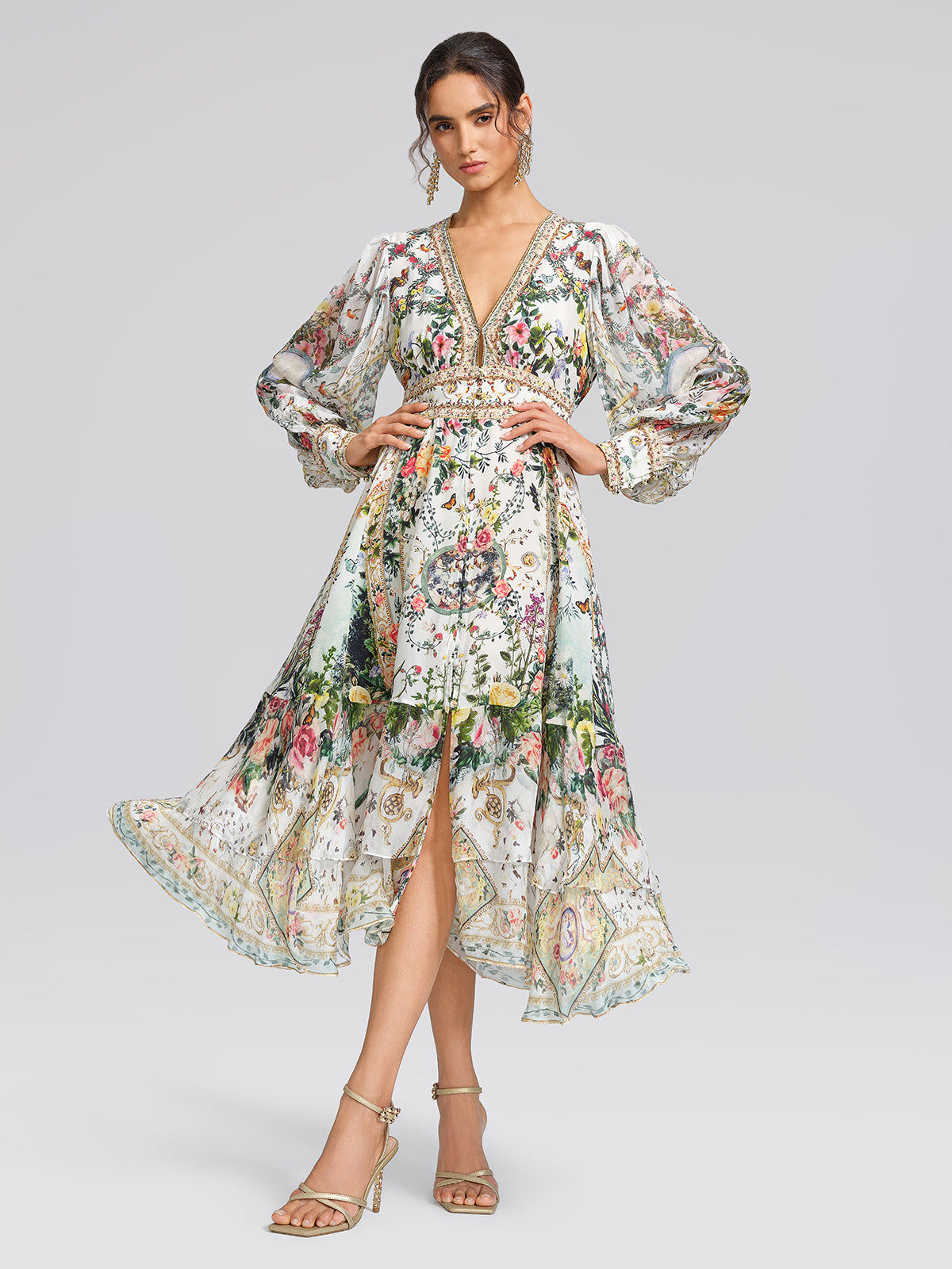 100% Silk French Floral Rhinestone V-Neck Waist Dress