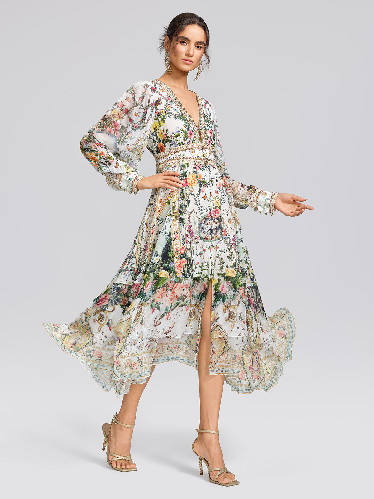 100% Silk French Floral Rhinestone V-Neck Waist Dress