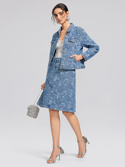 100% Cotton Denim Rose Print Jacket