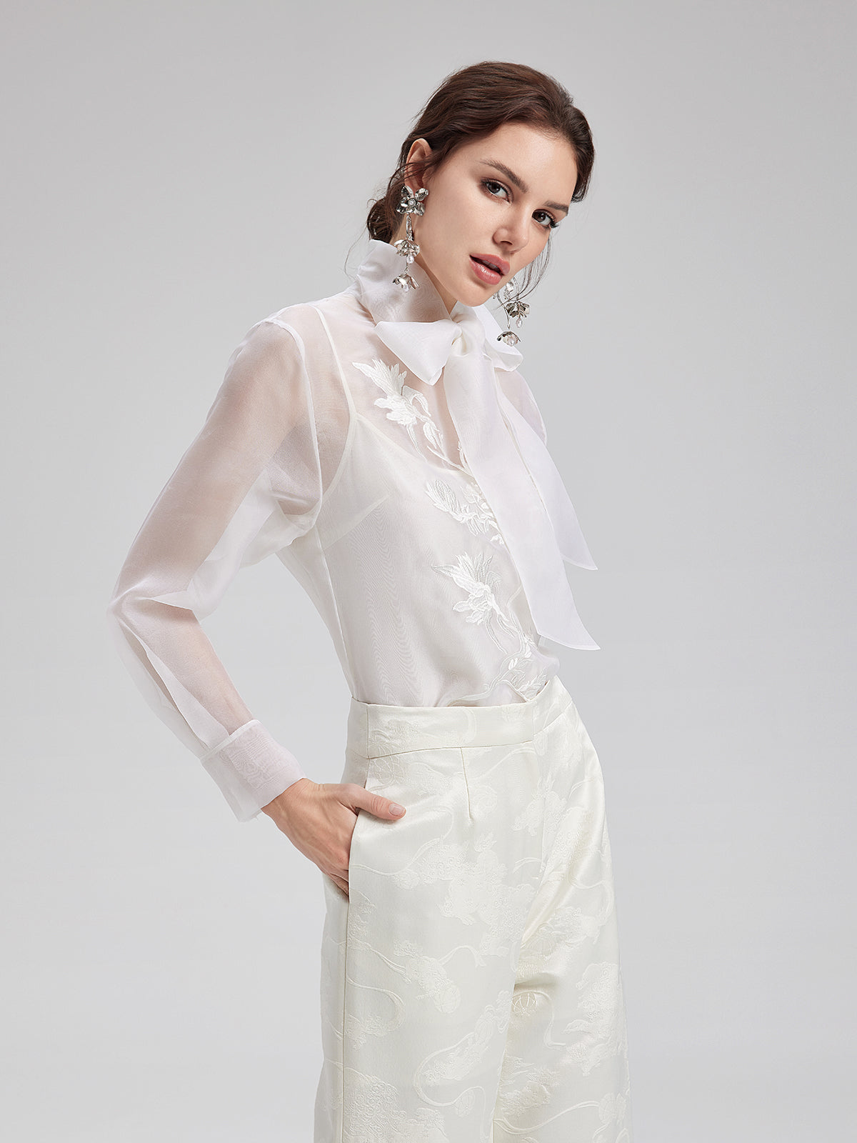 Silk Embroidered Tie Waist Blouse