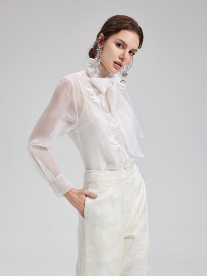 Silk Embroidered Tie Waist Blouse