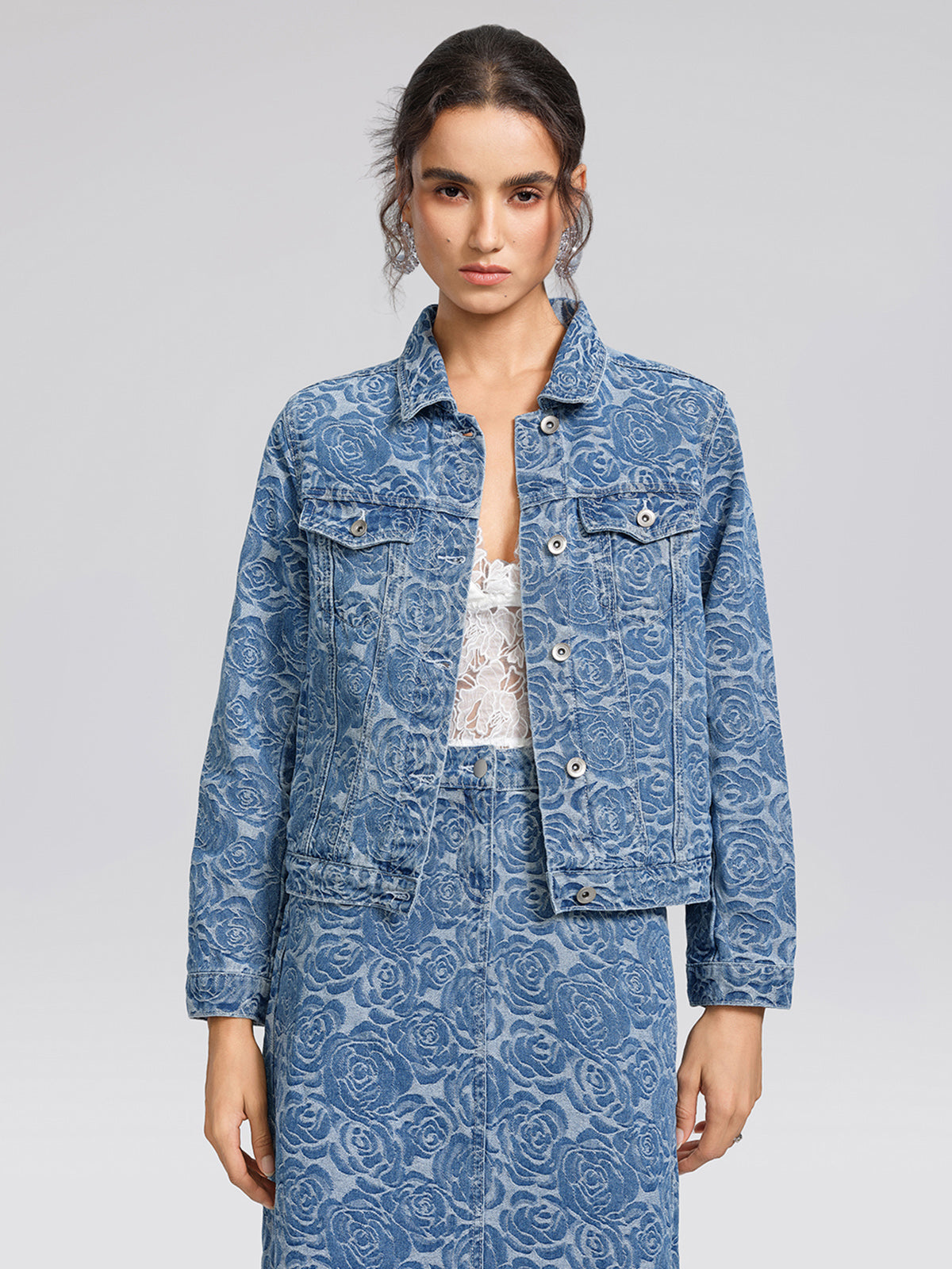 100% Cotton Denim Rose Print Jacket