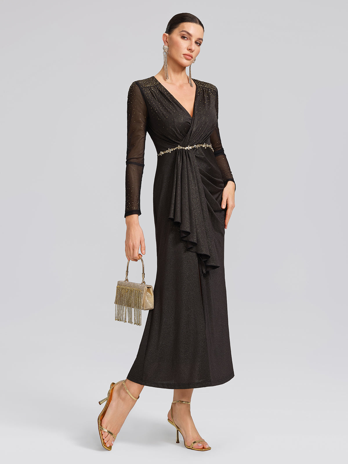 Hand-Set Gradient Rhinestone Pleated V-Neck Dress