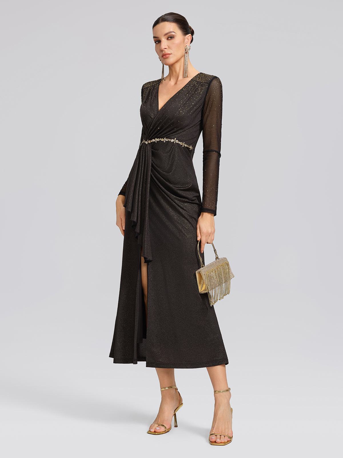 Hand-Set Gradient Rhinestone Pleated V-Neck Dress