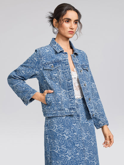 100% Cotton Denim Rose Print Jacket