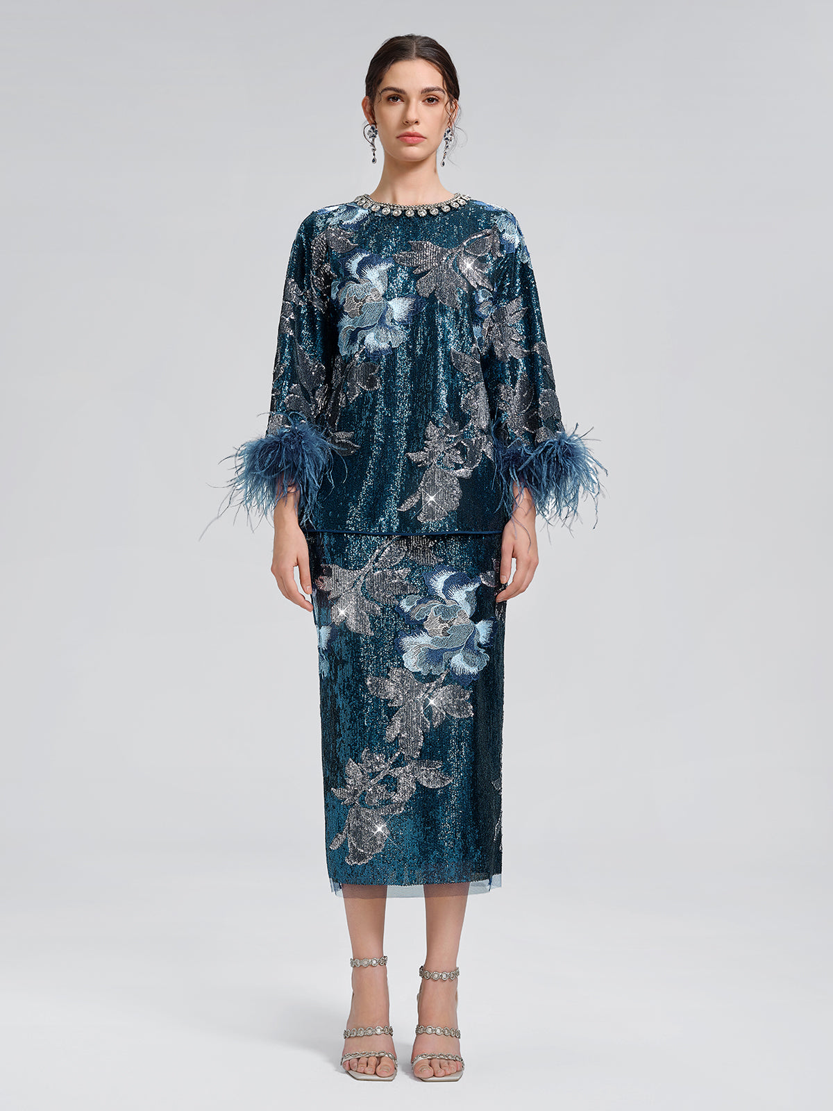 Sequin Embroidered Feather-Trim Top