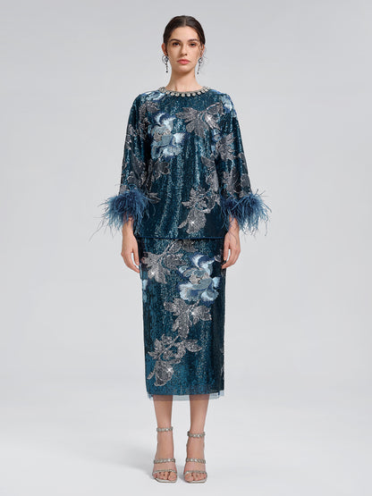 Sequin Embroidered Feather-Trim Top