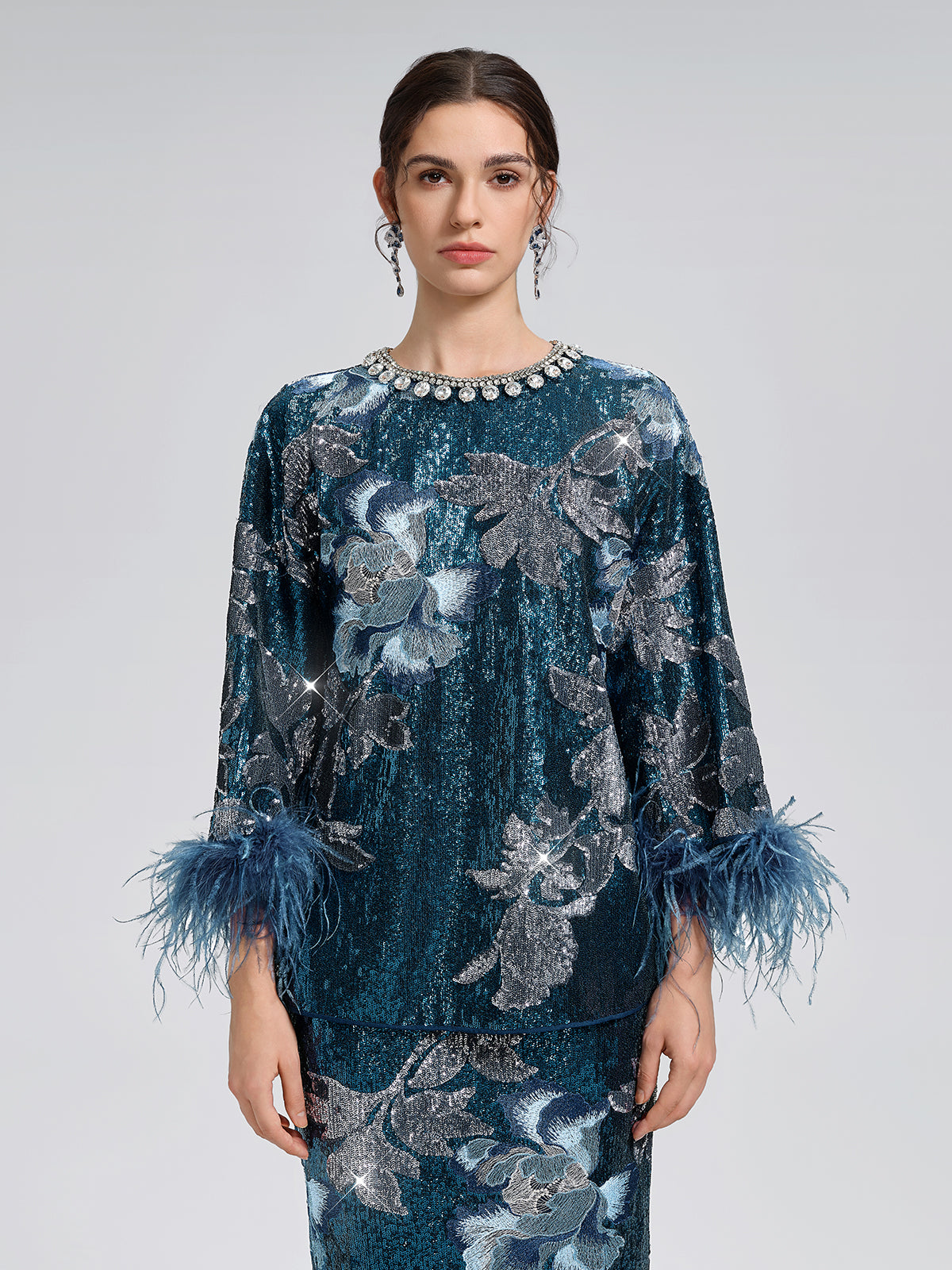 Sequin Embroidered Feather-Trim Top