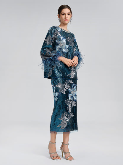 Sequin Embroidered Feather-Trim Top