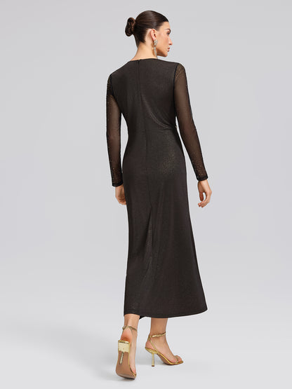 Hand-Set Gradient Rhinestone Pleated V-Neck Dress