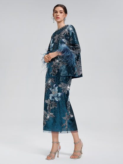 Sequin Embroidered Feather-Trim Top