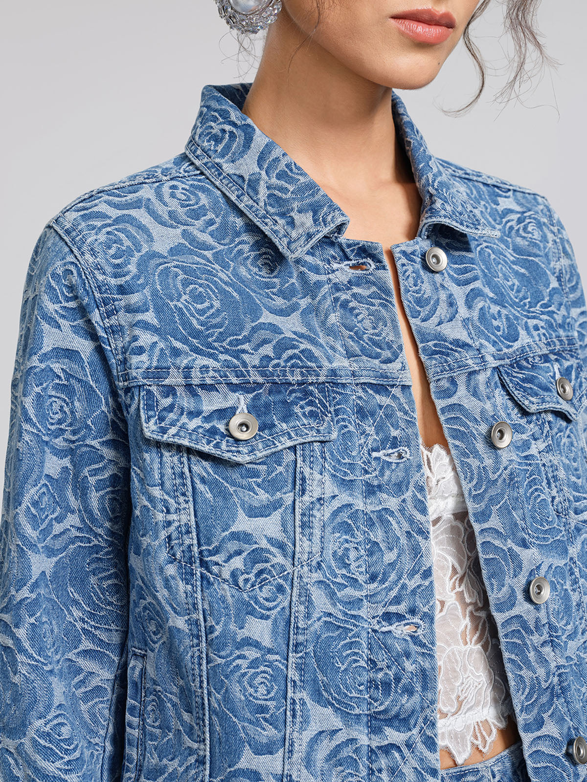 100% Cotton Denim Rose Print Jacket
