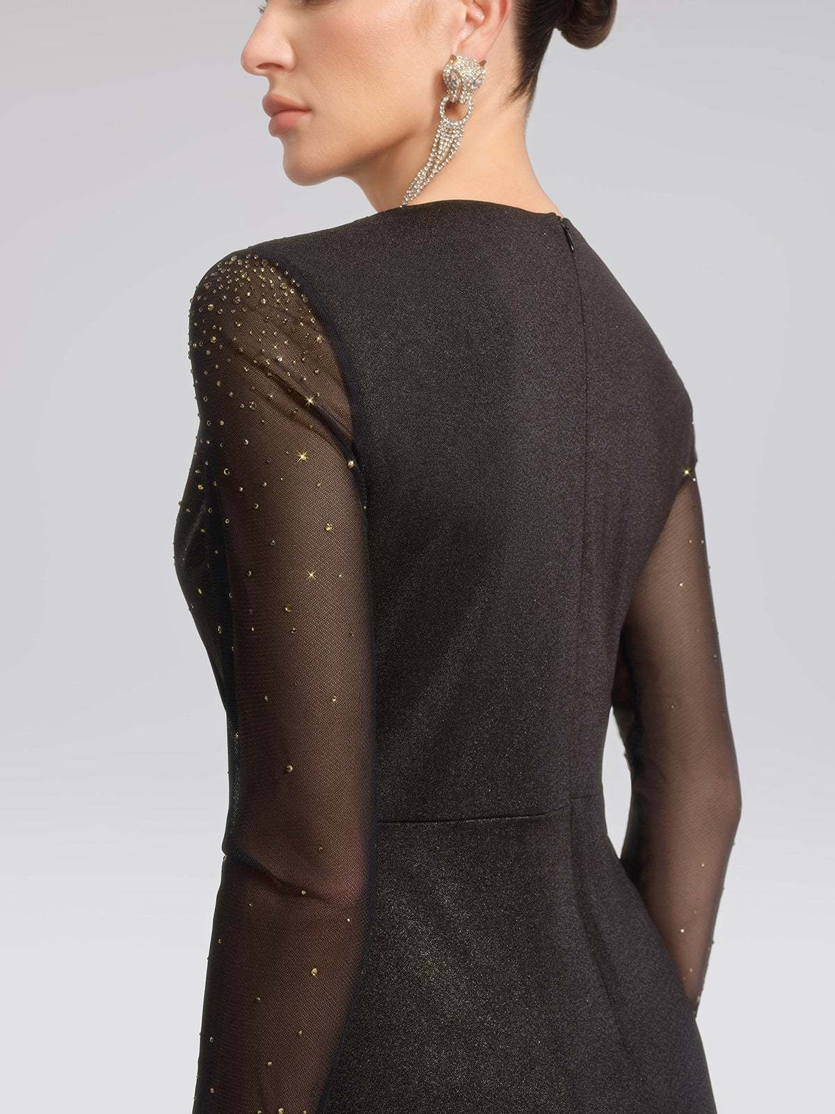 Hand-Set Gradient Rhinestone Pleated V-Neck Dress