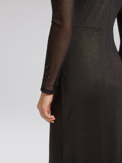 Hand-Set Gradient Rhinestone Pleated V-Neck Dress