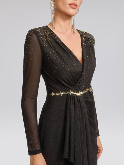 Hand-Set Gradient Rhinestone Pleated V-Neck Dress