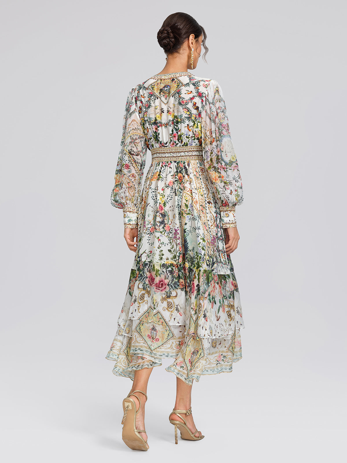 100% Silk French Floral Rhinestone V-Neck Waist Dress