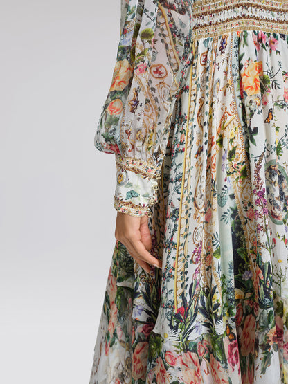 100% Silk French Floral Rhinestone V-Neck Waist Dress