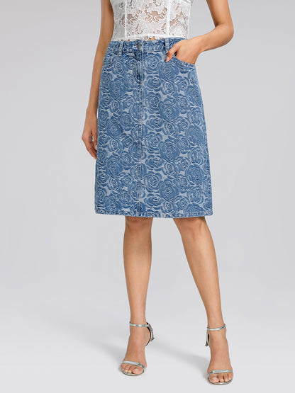 100% Cotton Denim Rose Print Skirt