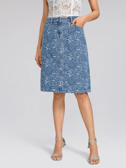 100% Cotton Denim Rose Print Skirt