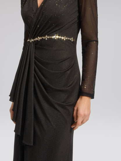 Hand-Set Gradient Rhinestone Pleated V-Neck Dress