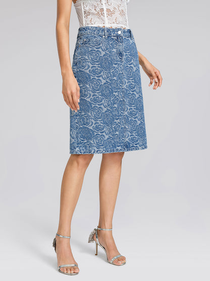 100% Cotton Denim Rose Print Skirt