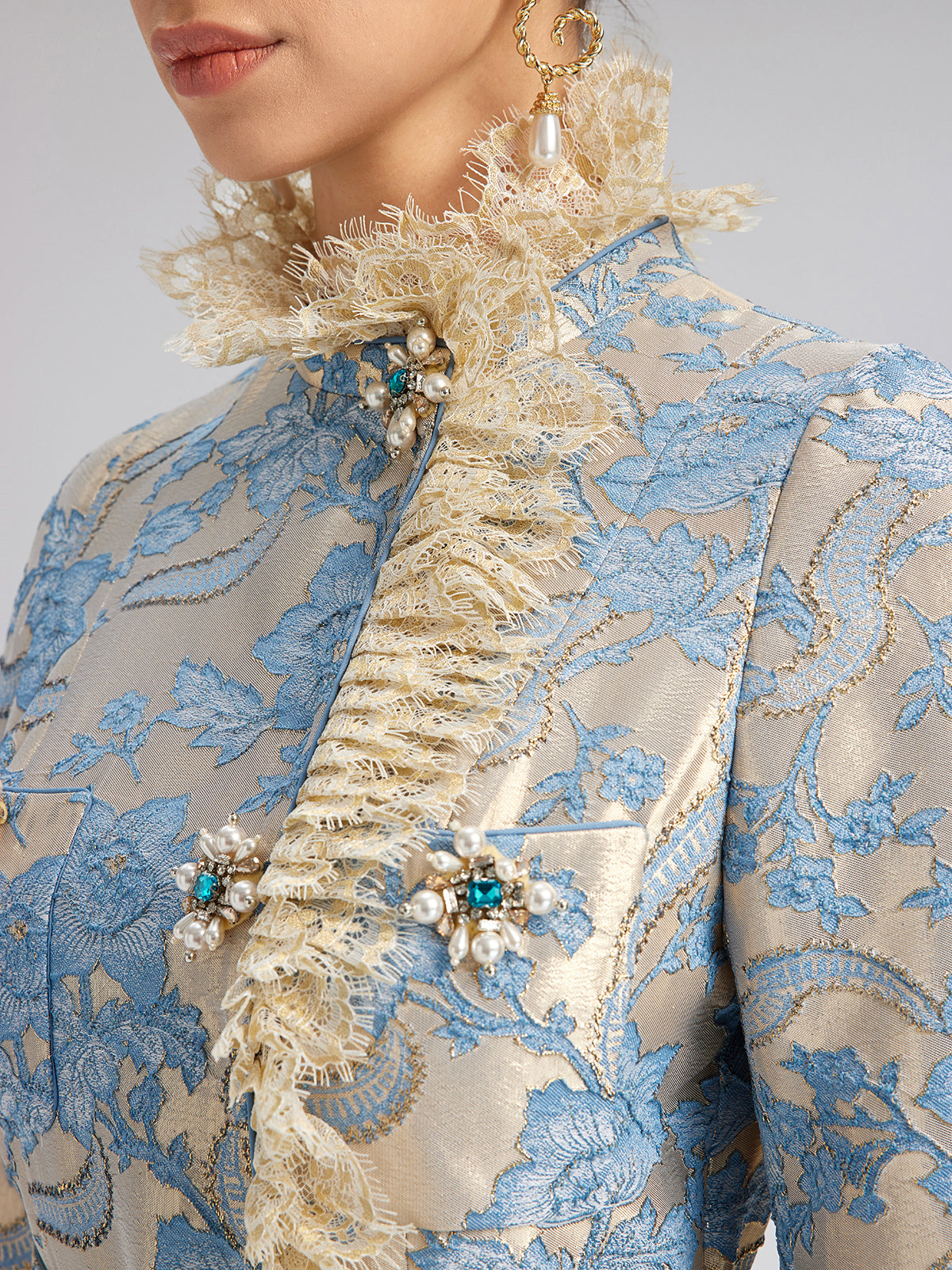 Court-Inspired Rhinestone Jacquard Lace Coat