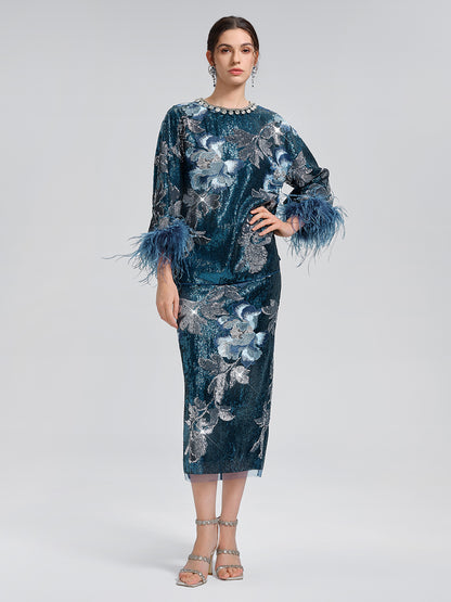 Sequin Embroidered Feather-Trim Top