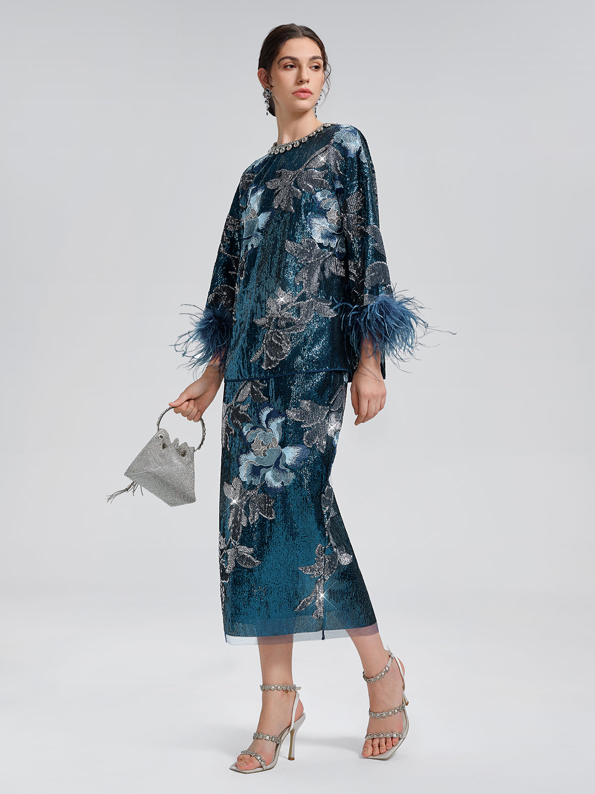 Sequin Embroidered Feather-Trim Top