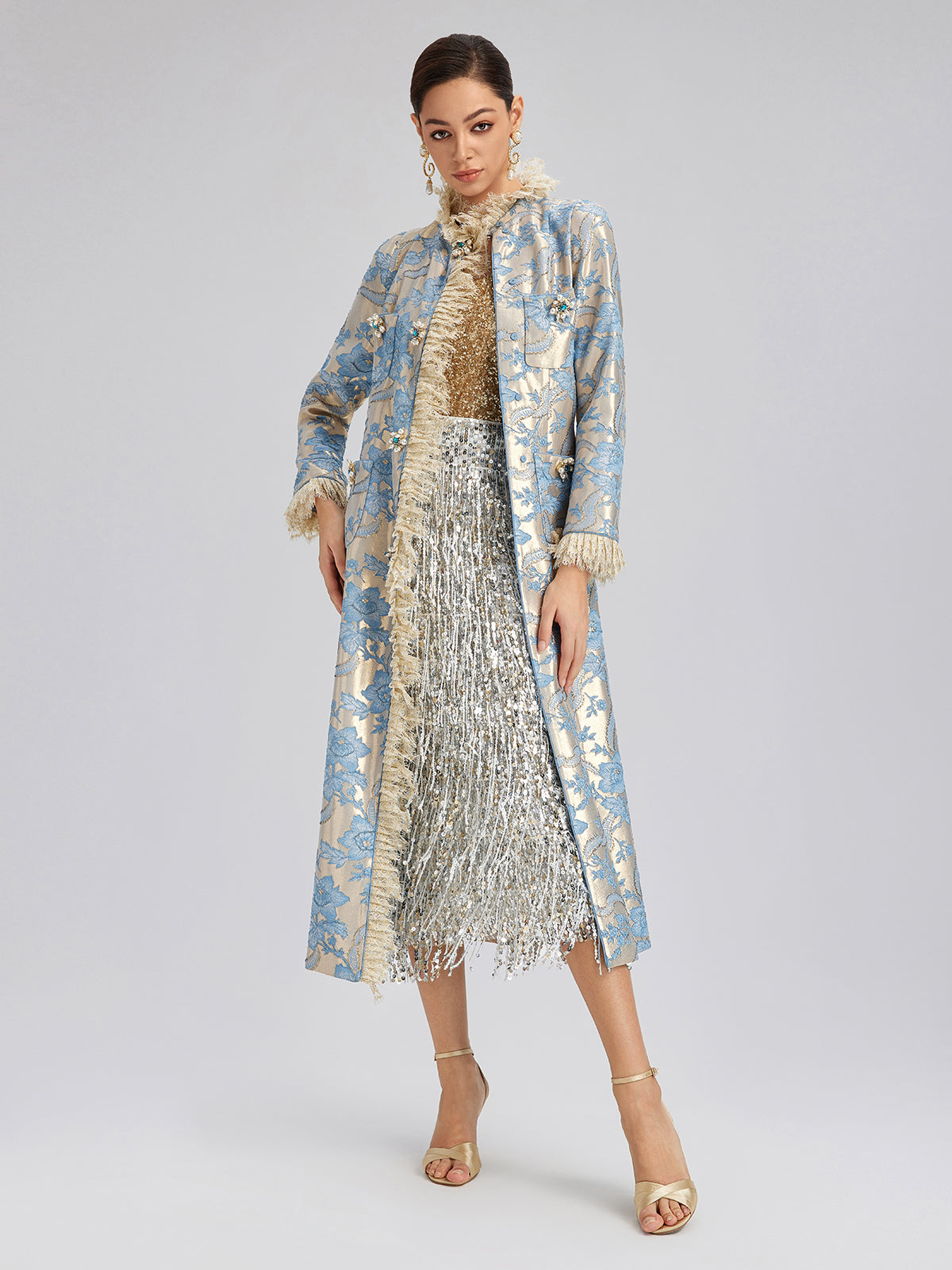 Court-Inspired Rhinestone Jacquard Lace Coat
