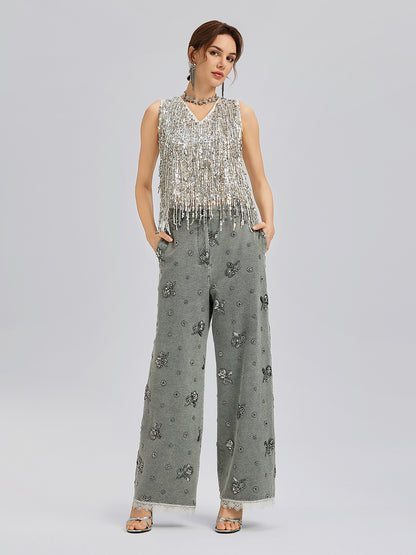 Tassel Sequin Embroidered V-Neck Vest