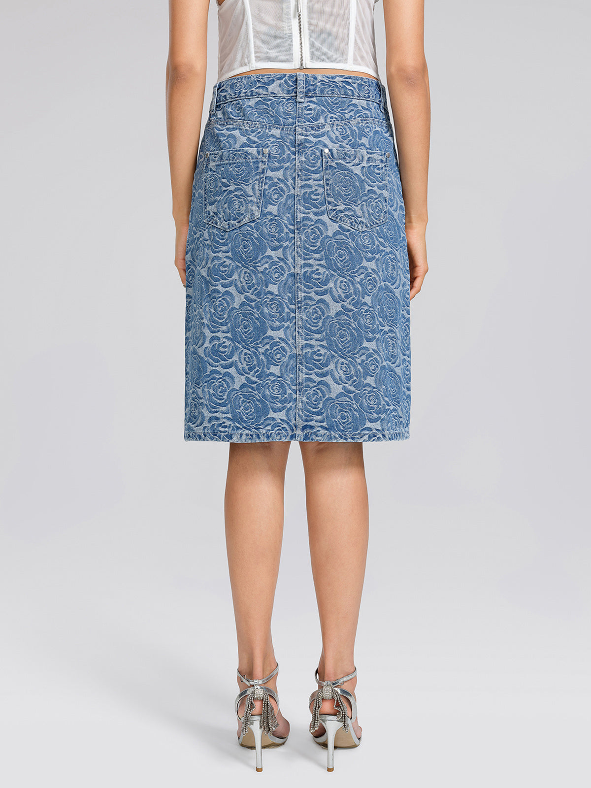 100% Cotton Denim Rose Print Skirt