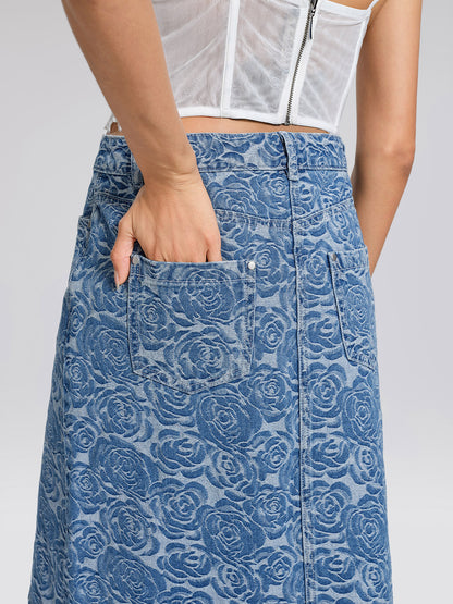 100% Cotton Denim Rose Print Skirt