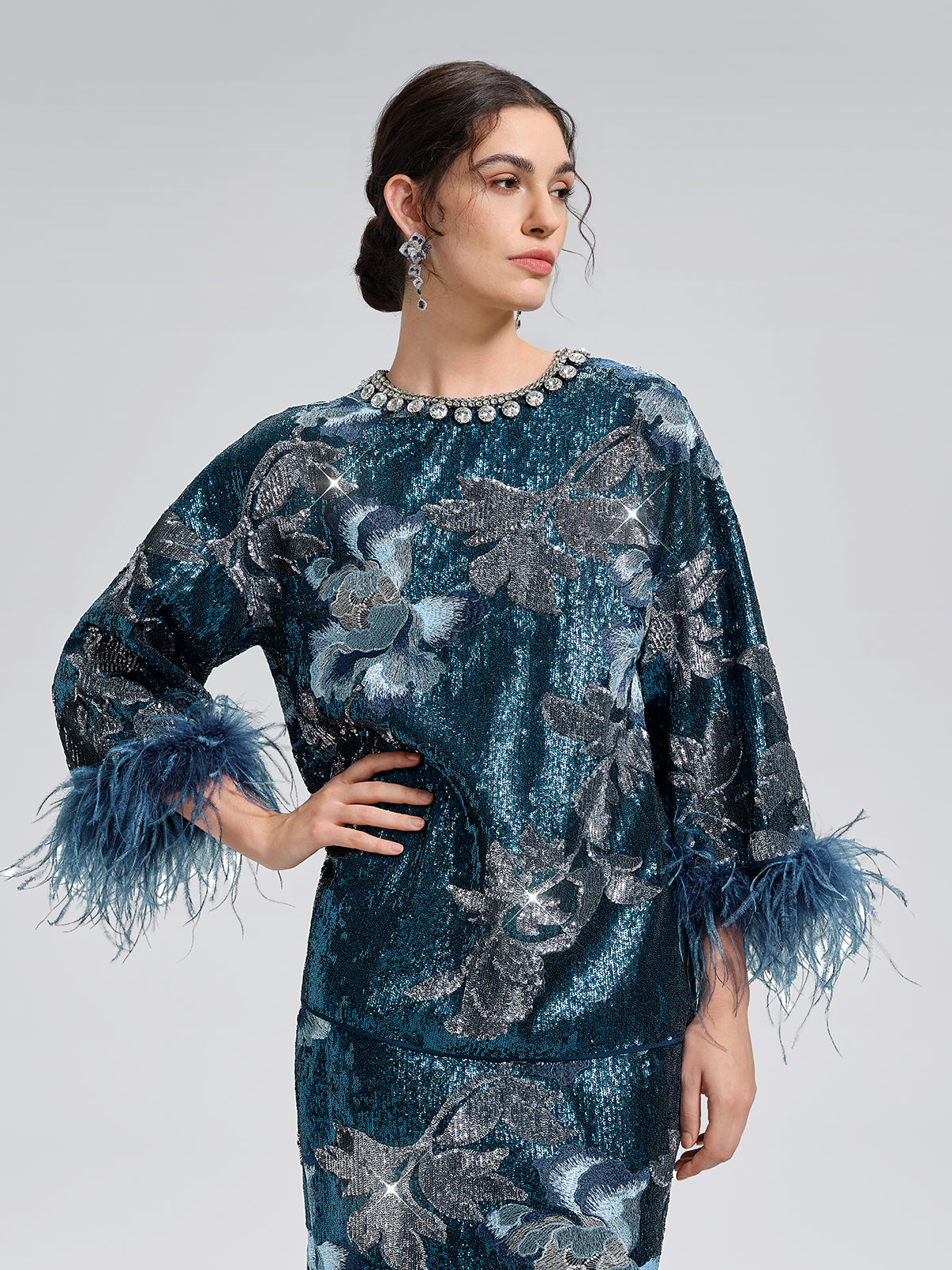 Sequin Embroidered Feather-Trim Top
