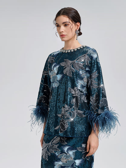 Sequin Embroidered Feather-Trim Top