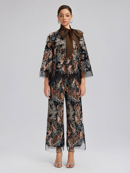 Sequin Vine Embroidered Straight Pants