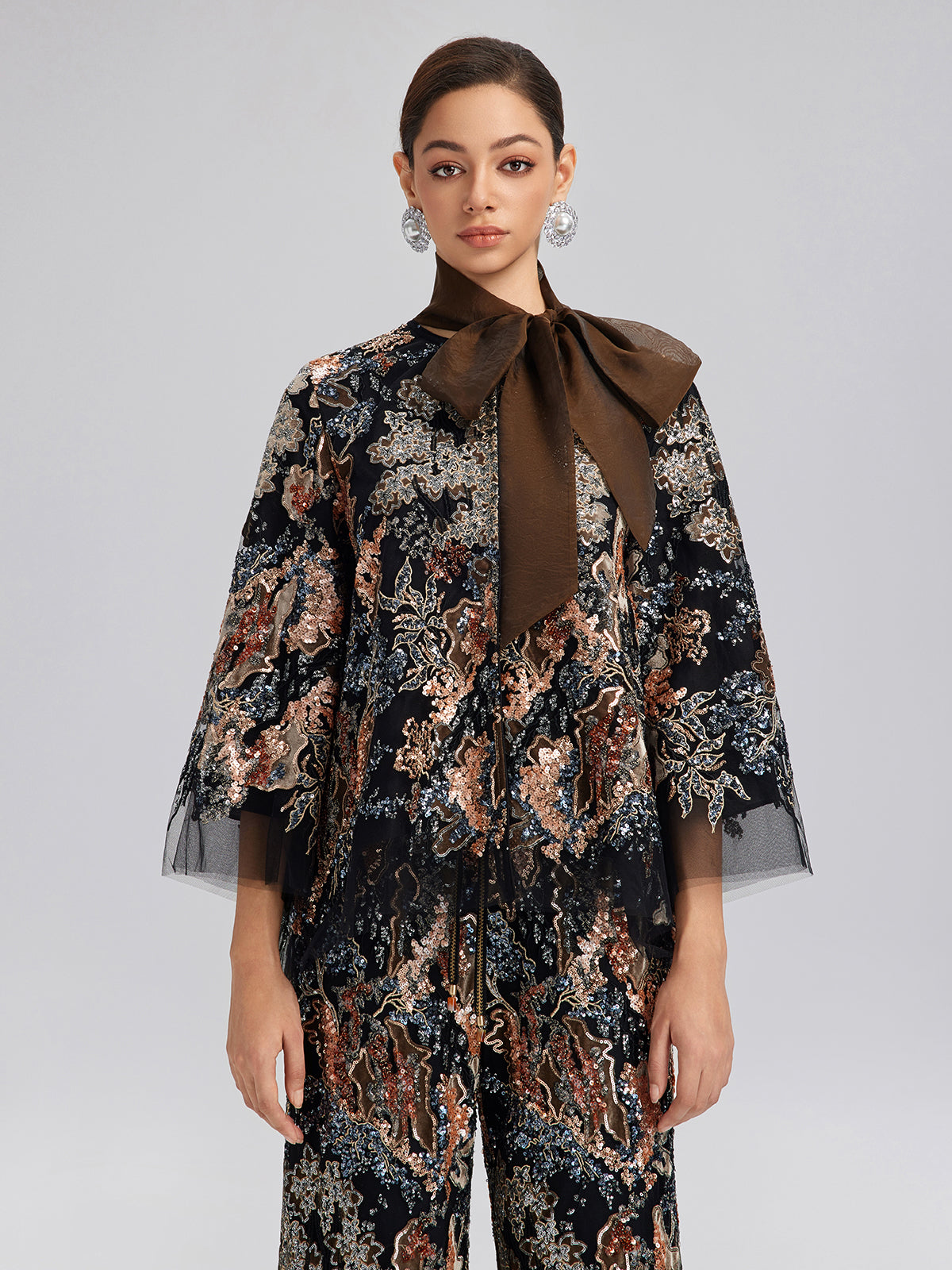 Sequin Vine Embroidered Tie-Neck Jacket
